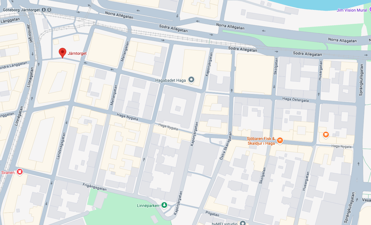 Static map showing the Haga walking route starting at Järntorget
