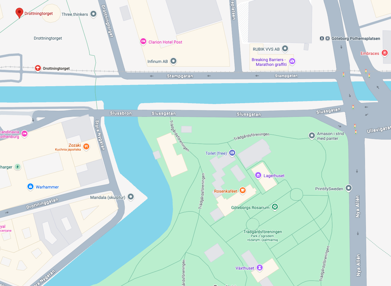 Static map showing the Central Station and Trädgårdsföreningen walking route