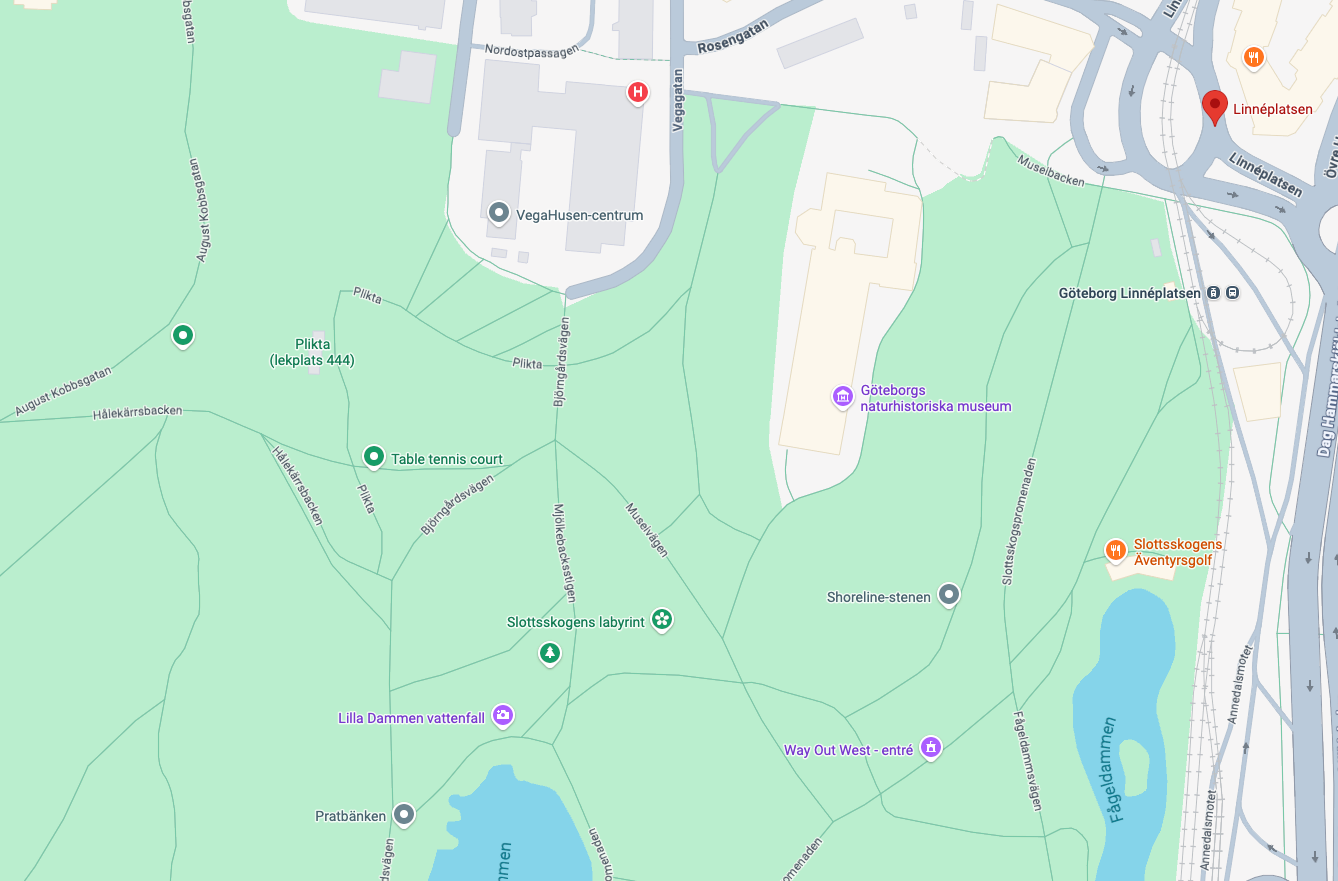 Static map showing the Slottsskogen walking route starting at Linnéplatsen